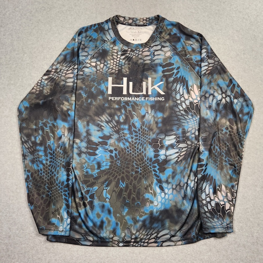 HUK Fishing Shirt Mens Large Blue Kryptek Pontus Icon Camo Performance Quick Dry